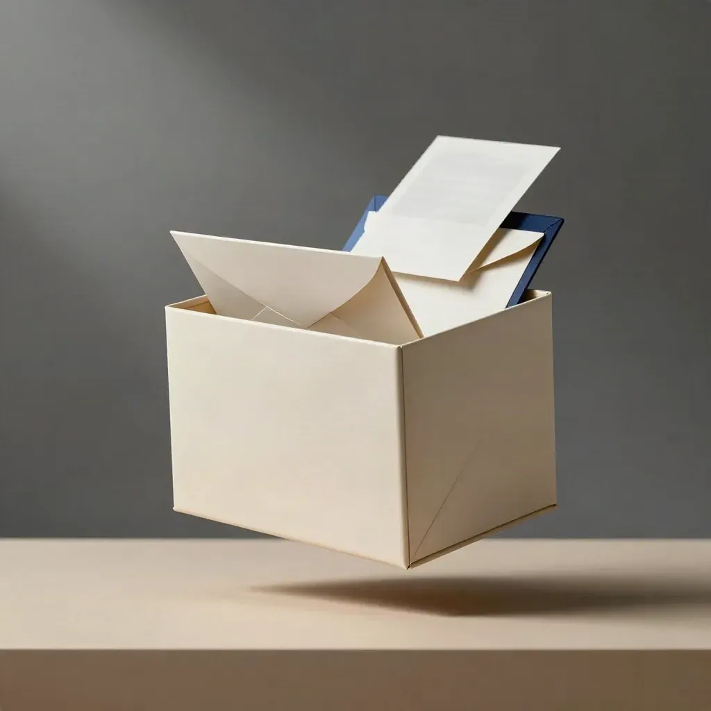 Floating cream dossier cube with navy accents and drifting sleeves in soft studio light