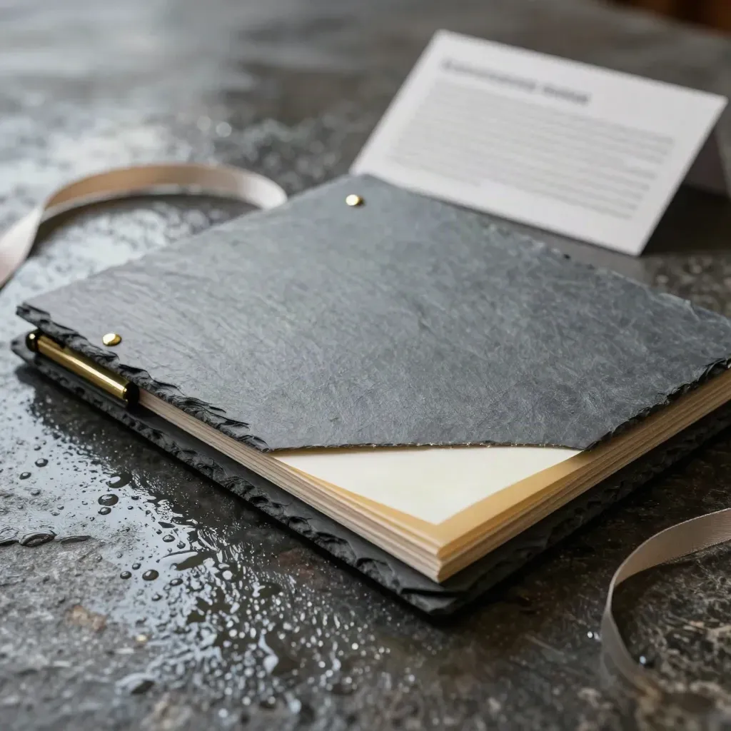 Slate presentation folder, vellum sheets, brass clips and a curling route ribbon on wet stone.