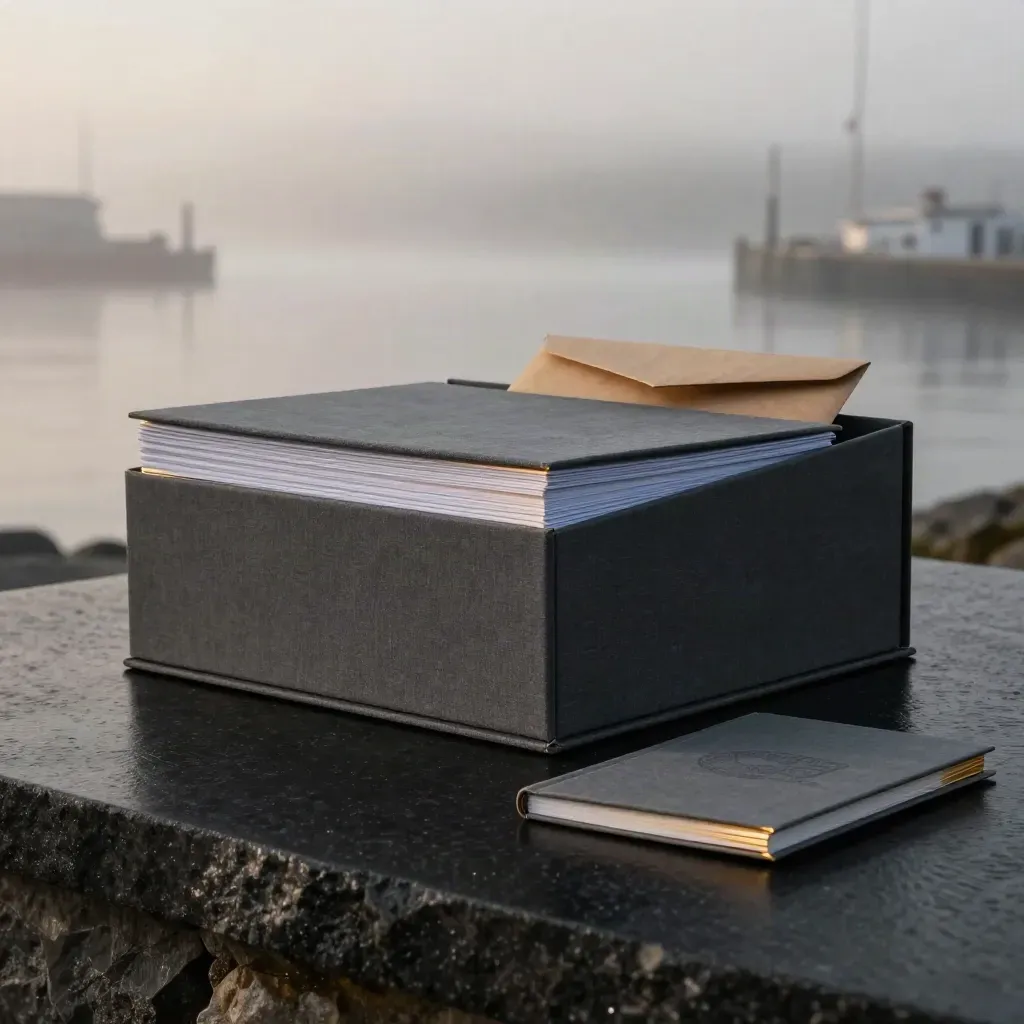 Market-entry dossier box with booklets and envelope on a misty basalt surface at dawn