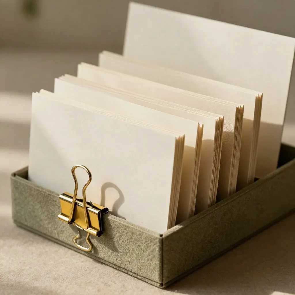 Cream coordination case with brass clips and folded packet on a khaki felt surface.
