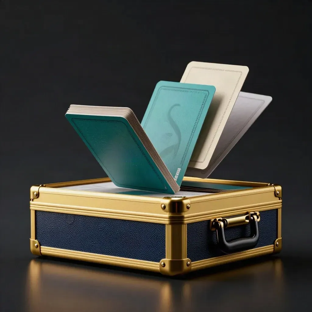 Glossy export pack case bursting open with teal cards and a gold band on a dark studio surface.