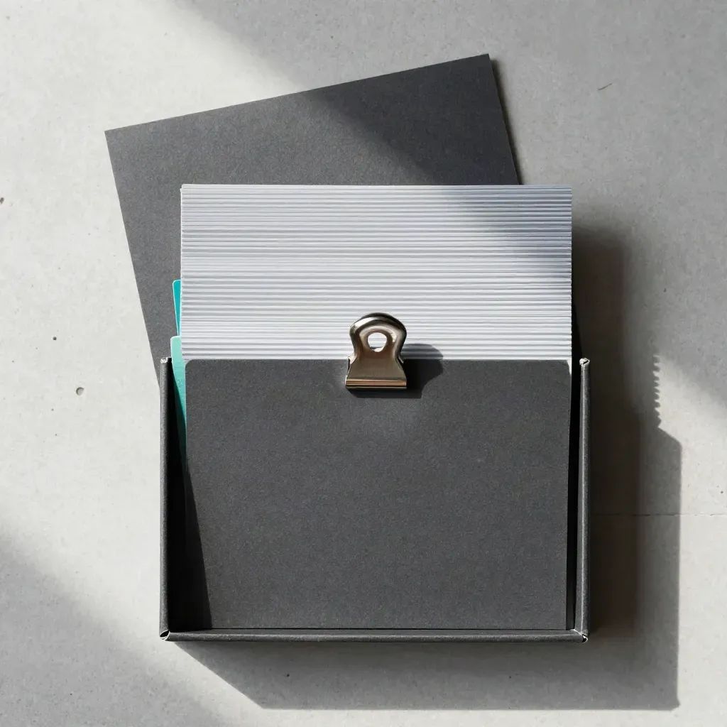 Overhead flatlay of a charcoal lead kit box with sorted slips, tabs, and a metal clip on concrete.