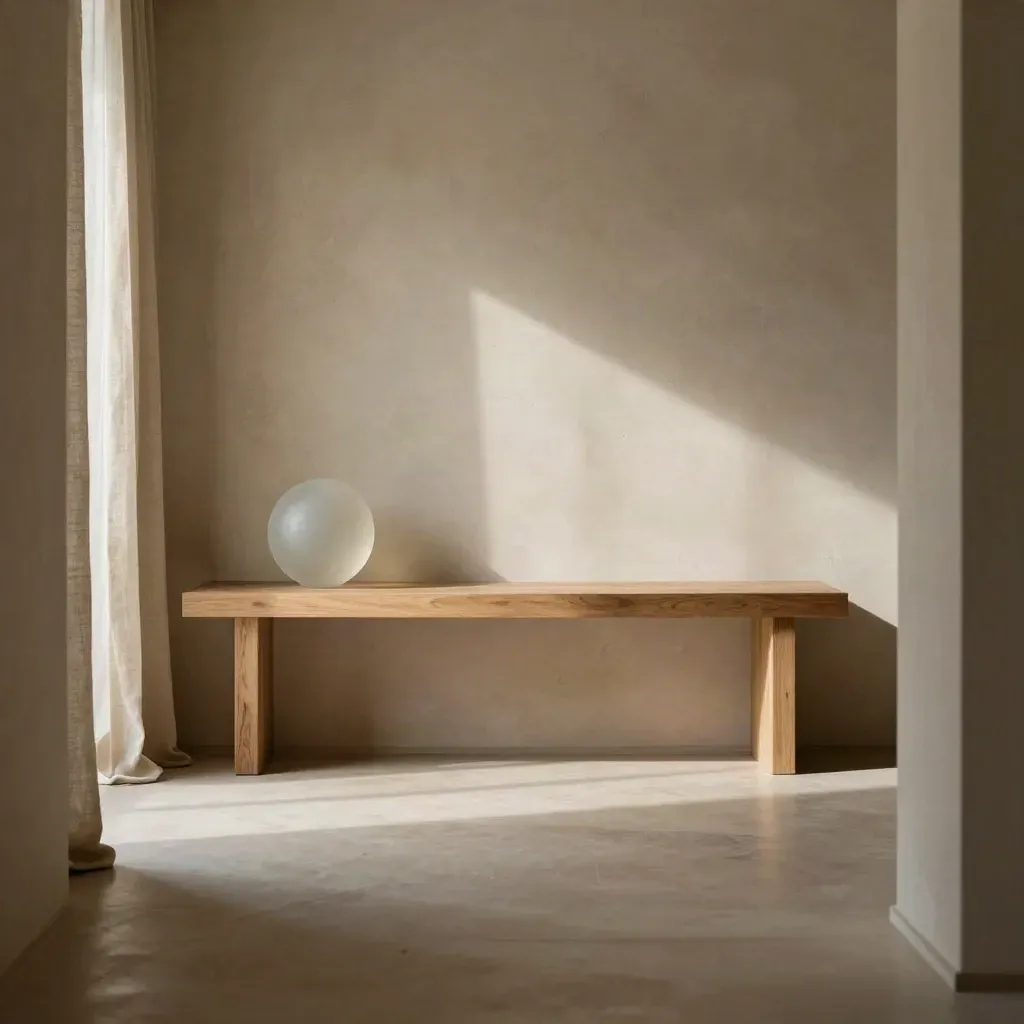 Warm plaster room with oak console, frosted glass sphere, and drifting linen curtain in morning light.