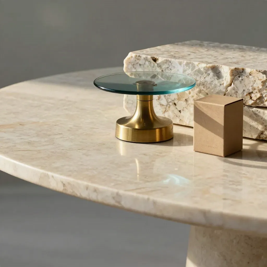 Brass lamp base on cream marble with stone forms and teal glass in soft afternoon light